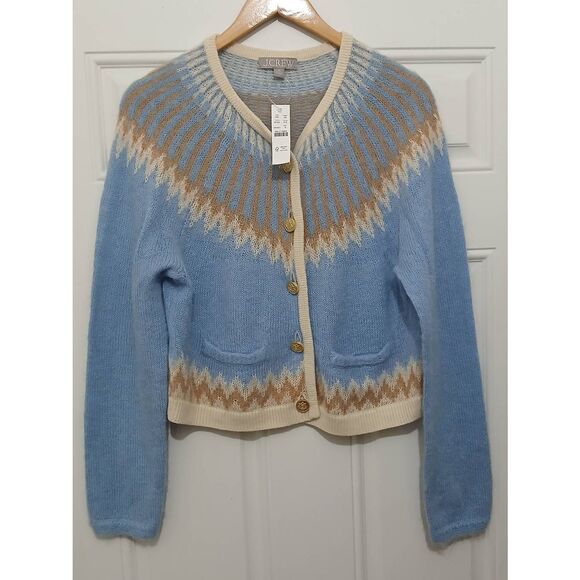 J crew RE-IMAGINED womens medium fairisle fine wool alpaca tan blue cardigan - Picture 2 of 8